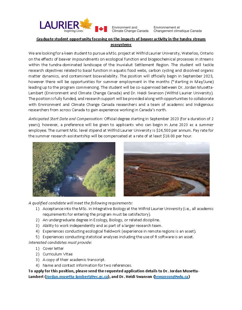 JMusettaLambert's tweet photo. If you're seeking an MSc. studying beaver colonization in tundra ecosystems on stream food web structure, dissolved organic matter dynamics, and contaminant bioavailability, please reach out! Dr. Heidi Swanson @hks_dr &amp; I are seeking a student for fall 23 @LaurierBiology. 🦫🏞️🤓 https://t.co/hSCkEM11lw