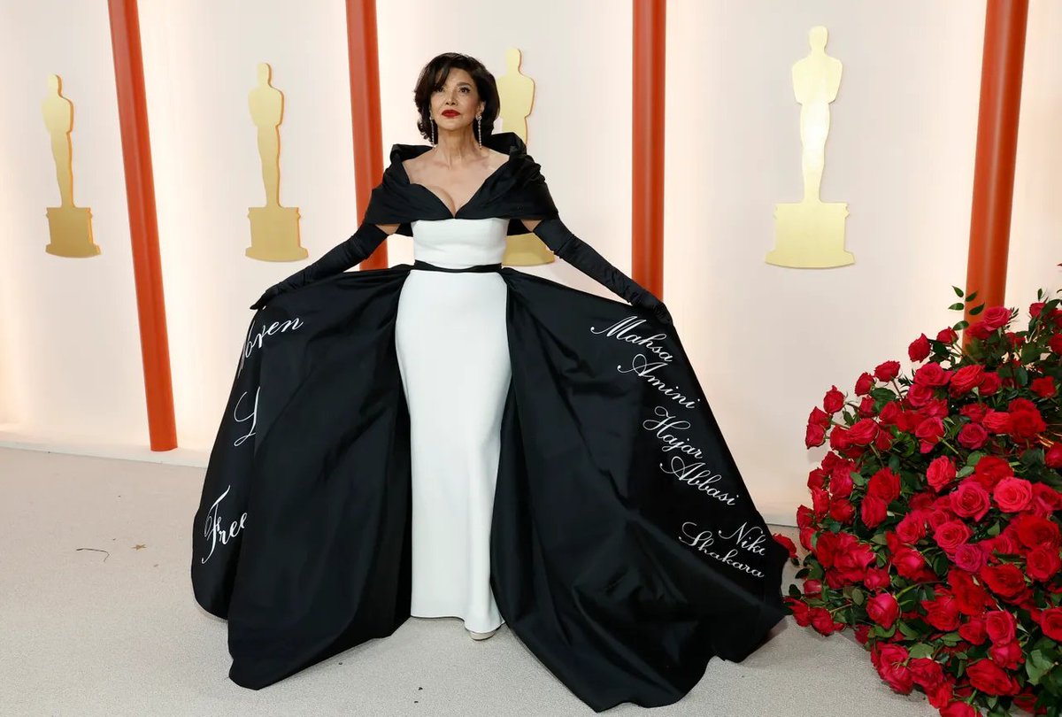 Shoreh Aghdashloo is another CLEAR standout for me.

her dress has the names of Mahsa Amini, Hajar Abbasi, and Nika Shakarami, who were killed during the uprisings in Iran