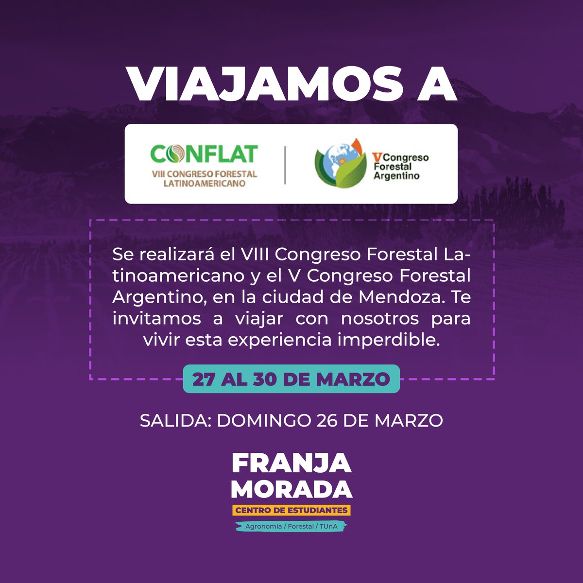 CEAFranjaMorada's tweet photo. ¡NOS VAMOS A MENDOZA! 🚌
Este año viajaremos a la ciudad de Mendoza para participar del VIII Congreso Forestal Latinoamericano y el V Congreso Forestal Argentino, que se desarrollarán entre el 27/03 al 30/03.
#FranjaMorada #CEAF #FCAyF #UNLP #CONFLAT #VCongresoForestalArgentino https://t.co/xzfc2aem20
