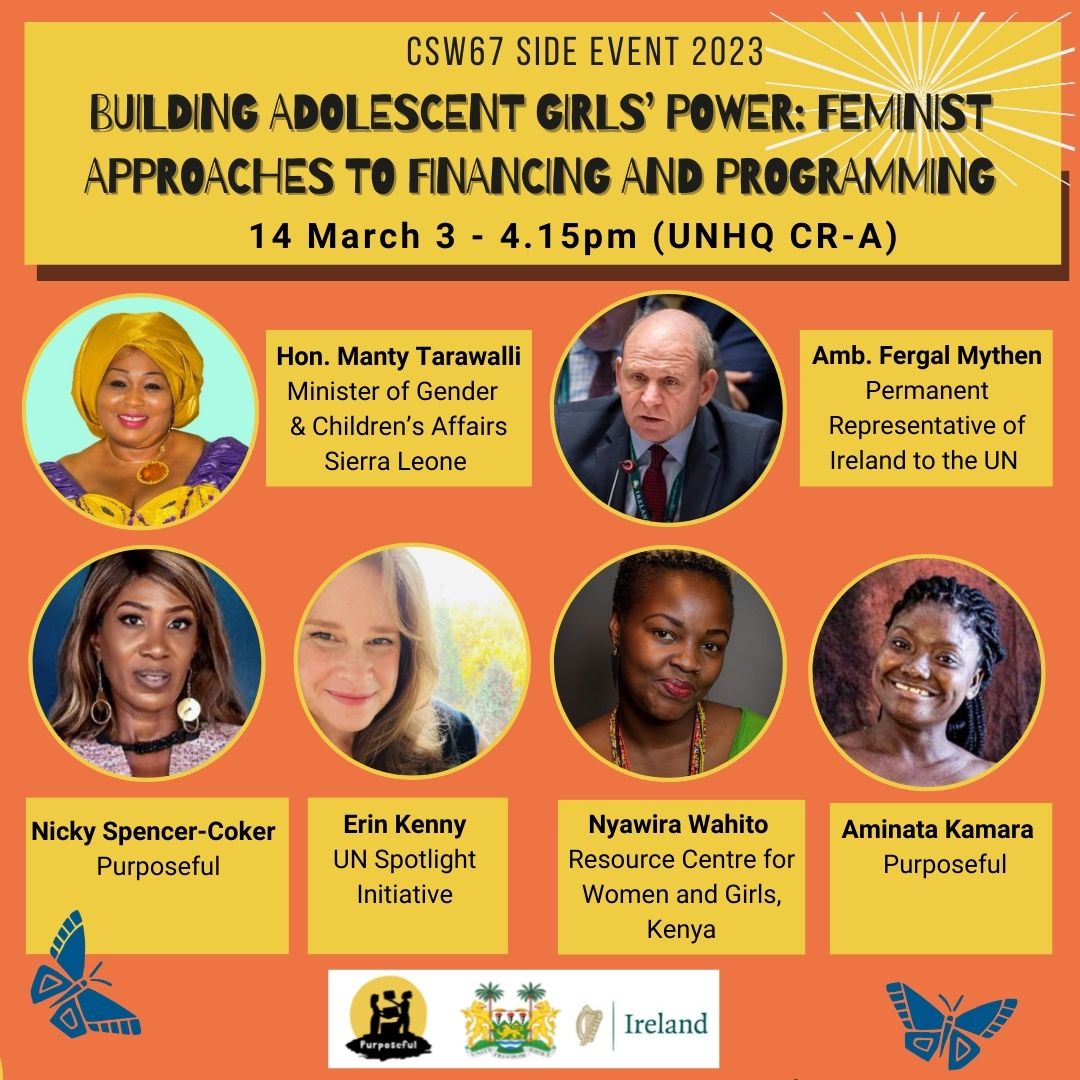 Sharing our most esteemed 🔥 line-up for tomorrow’s #CSW67 event. So excited for this discussion in 
re-imagining how we programme, listen &amp; learn - how we build power with and for girls. Join us at UNHQ!
<a href="/irishmissionun/">Ireland at UN</a> <a href="/IrelandAmbUN/">Fergal Mythen - Ambassador of Ireland to the UN</a> <a href="/MinisterManty/">ministermanty</a> <a href="/NyawiraWahito/">Nyawira</a> <a href="/erinrkenny/">Erin Kenny</a>