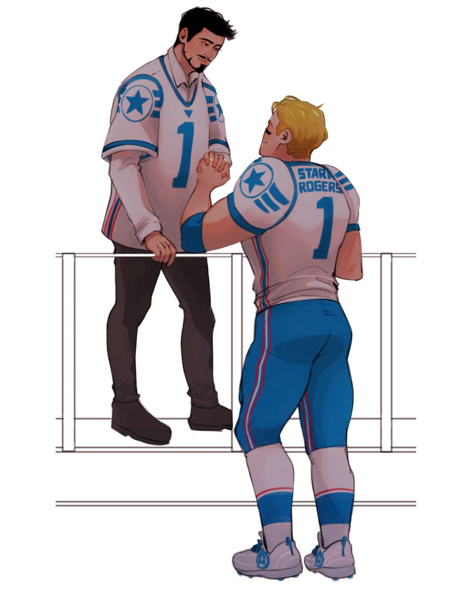 a sequel commissioned by magicasen for t0nystark1er's pro-football au commision where stevetony got engaged. now they're married and showing off their hyphenated last names and rings 💍✨️