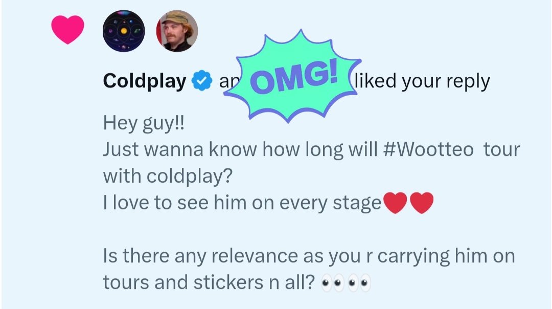 OMGGGG....!!!!!!!! 
I can't believe.....I'll take it as YES! Wootteo has something to do with Coldplay.. It's not an end !!!!!!!! 

#Coldplay #Wootteo #Wootteo_Army_Event #SEOKJIN #BTSJIN #TheAstronaut