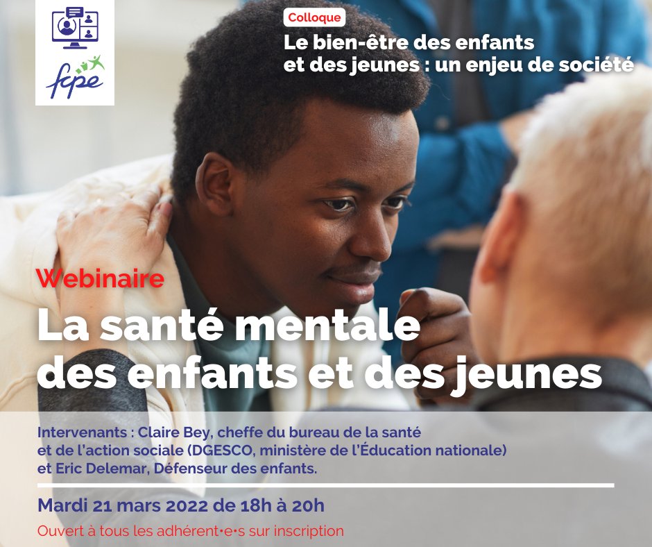 🗓 Rdv  mardi 21 mars 2023, de 18h à 20h, pour le premier volet du colloque 2023 de la #FCPE dédié au bien-être des enfants. Avec deux invités de choix : Claire Bey <a href="/BeyChenu/">Claire Bey</a> et Eric Delemar, Défenseur des enfants <a href="/Defenseurdroits/">Défenseur des droits</a> Pour s'inscrire ➡ bit.ly/3LmuA5g