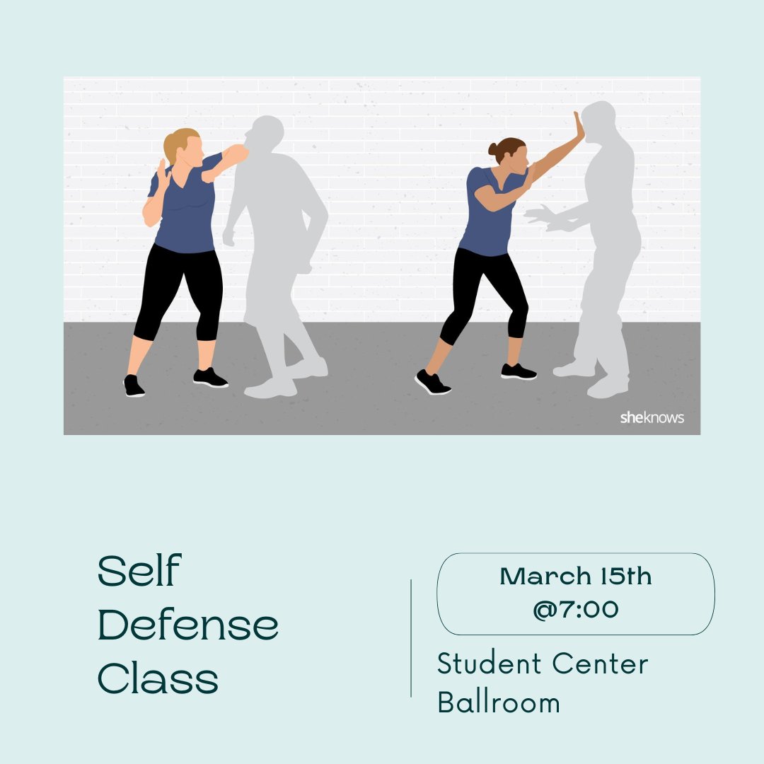Next for our 'Stay Safe' week, we'll be hosting a self defense class!!! It'll be happening in the Student Center Ballroom, March the 15th at 7pm. The class we'll start off with a 45 minute video followed by 45 minutes of hands on interaction. We hope to see you there!!