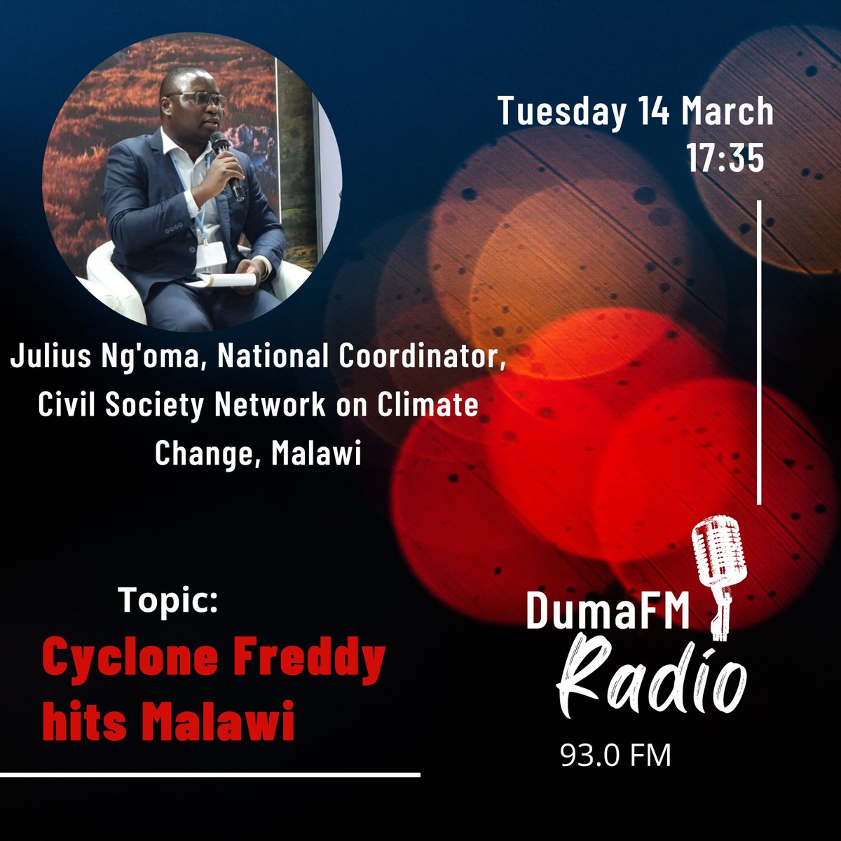 Tune in to #DumaFM tomorrow, Tuesday 14 March 2023 at 17:35 GMT+2 as Mr Julius Ng'oma ffrom the Civil Society Network on Climate Change at Malawi discusses #CycloneFreddy effects, loss and damage and other updates of this #tropicalcyclone

#climatechange #lossanddamage #flooding