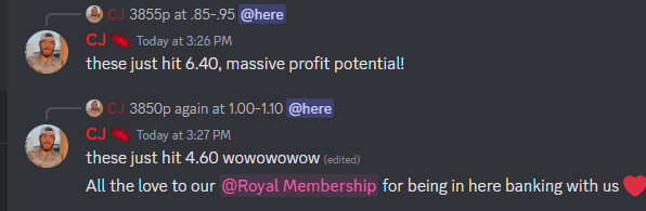 Episode 214 of our Live Trading: Power Hour is COOKING 🔥

3855p was called at 3:17PM (est) at .85-.95 entry
just hit 6.40 for a 650% profit potential. We were done with it by the time we hit 2.00 just 5 minutes later🎯