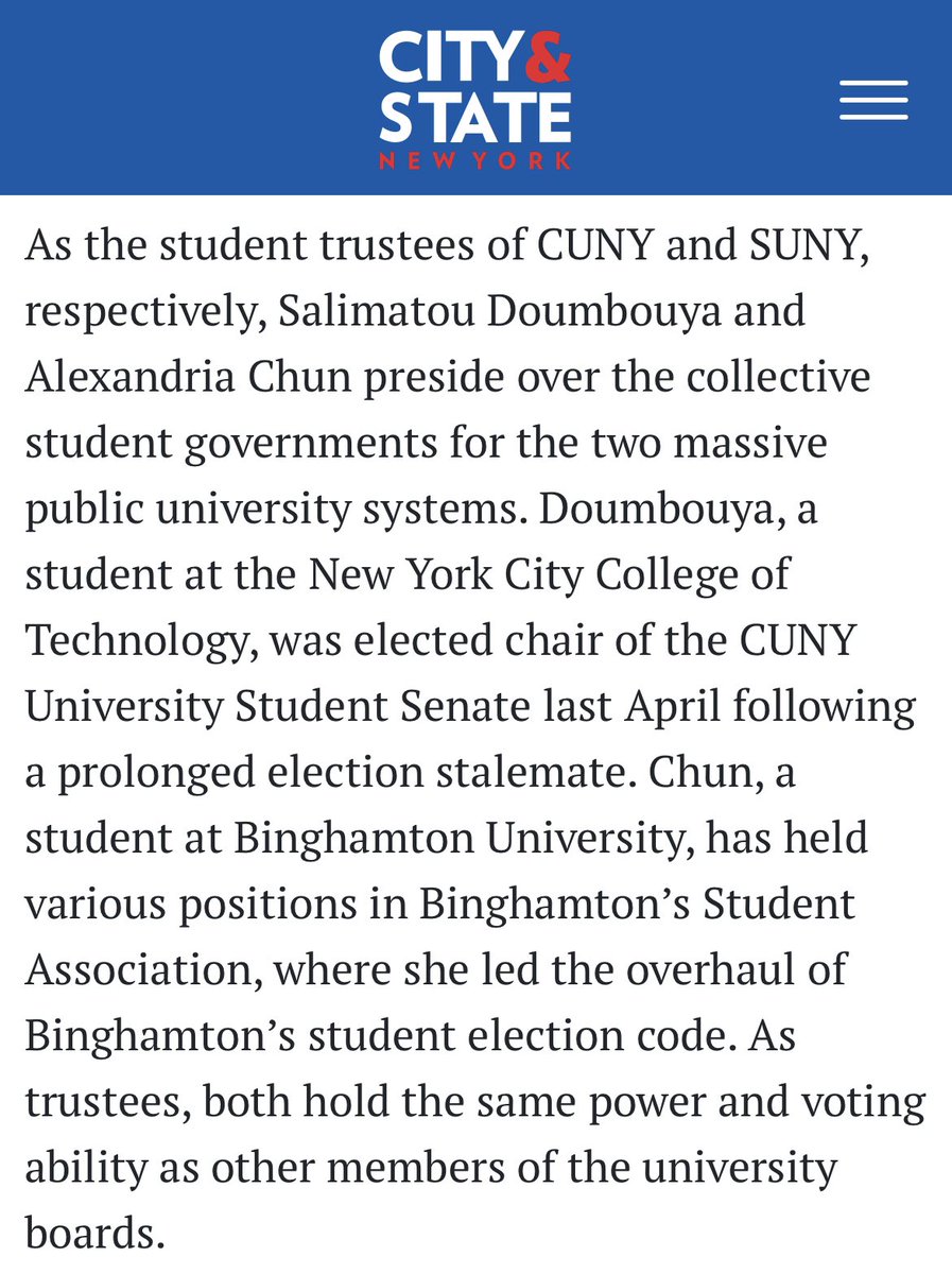 SUNY Student Assembly (@sunysa) on Twitter photo SUNY SA NEWS 📰: SUNY SA President <a href="/alexandriaechun/">Alexandria Chun</a> featured alongside <a href="/USSCUNYChair/">Chairperson Doumbouya</a> on the <a href="/CityAndStateNY/">City & State NY</a> 2023 Higher Education Power 100 List.
See full story in our bio
#SUNYStudentsLead #WomenLead #SUNYSA #SUNY SUNY SA NEWS 📰: SUNY SA President <a href="/alexandriaechun/">Alexandria Chun</a> featured alongside <a href="/USSCUNYChair/">Chairperson Doumbouya</a> on the <a href="/CityAndStateNY/">City & State NY</a> 2023 Higher Education Power 100 List.
See full story in our bio
#SUNYStudentsLead #WomenLead #SUNYSA #SUNY