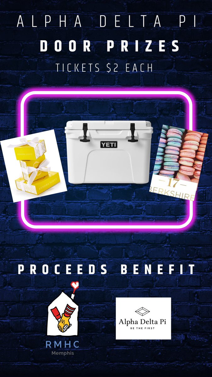 MemphisADPi's tweet photo. Pi Hop Dinner!!! We will have door prizes: a yeti cooler, kendra scott jewelry pieces, and a 16 count box of macrons from 17 Berkshire! Click the link below! We will be drawing the winner on the 20th @ 6:00pm on our instagram live! 
https://t.co/ekVQhXEm5Y https://t.co/PXyLwSnNtD