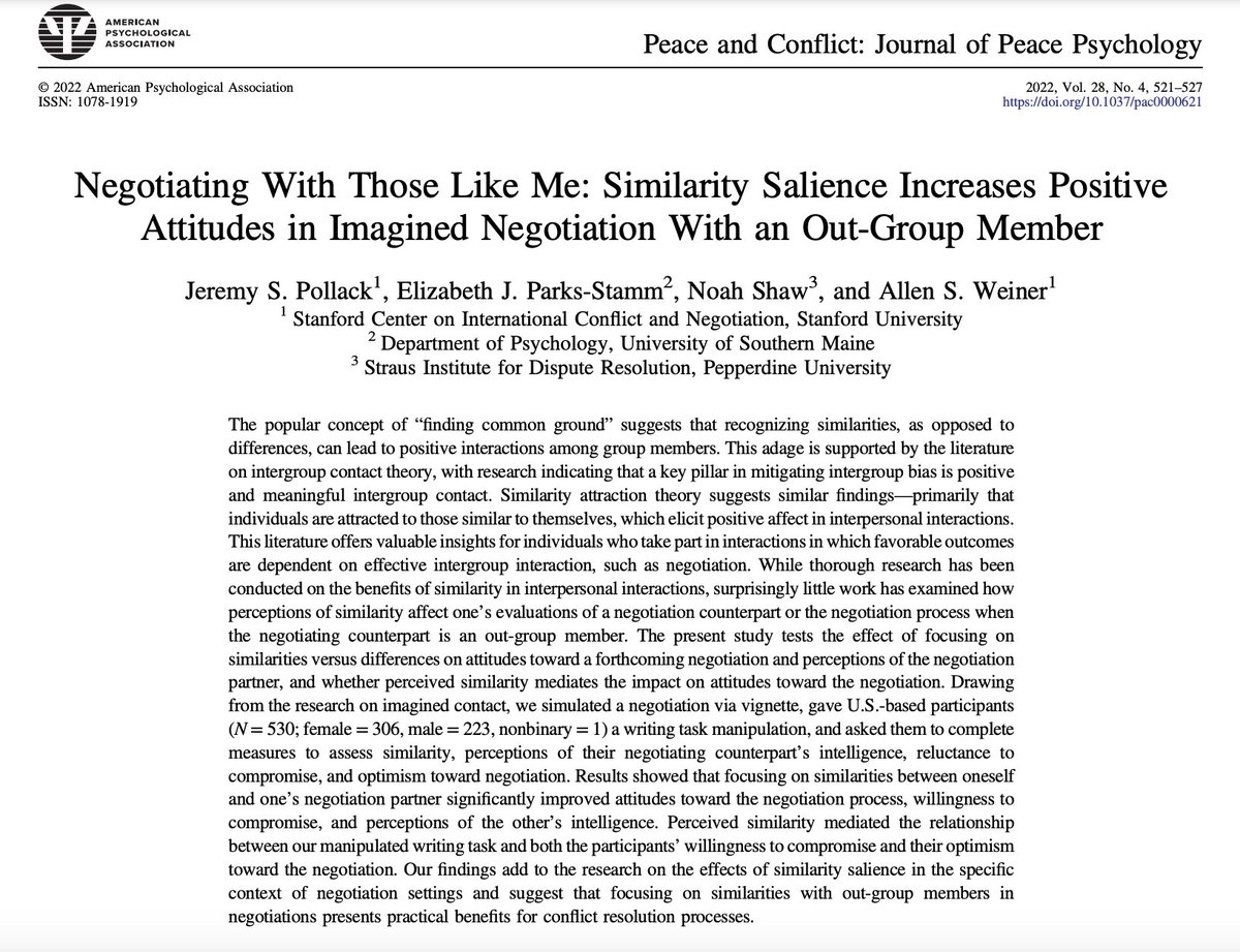 PAC_journal's tweet photo. "Negotiating With Those Like Me: Similarity Salience Increases Positive Attitudes in Imagined Negotiation With an Out-Group Member" π«
βΆοΈ https://t.co/0Rml18VghD
#ConflictNegotiation #PeacePsych #SimilarityAttractionTheory https://t.co/Ak7OFLKtn7