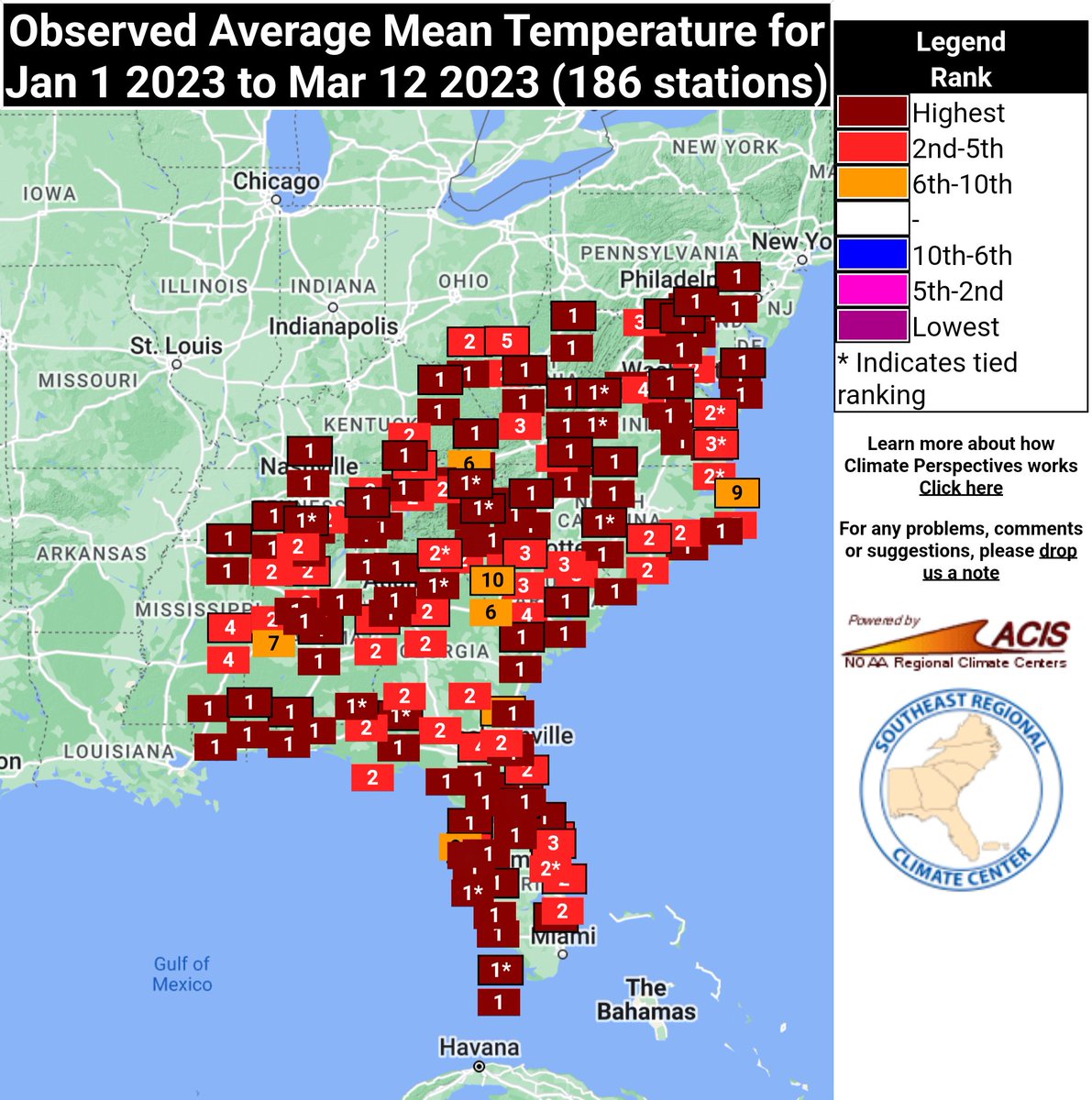 Phenomenal and persistent warmth across most of the eastern U.S. so far in 2023, including in South Florida (map via <a href="/SERCC/">SERCC</a>)