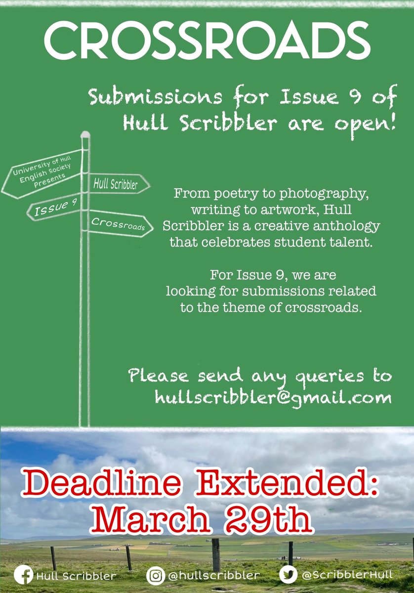 Still thinking about submitting a piece to the magazine? Don’t worry, there’s still time! Hull Scribbler is extending its deadline to March 29th! Contact us or visit hullscribbler.co.uk/submissions for more information!
