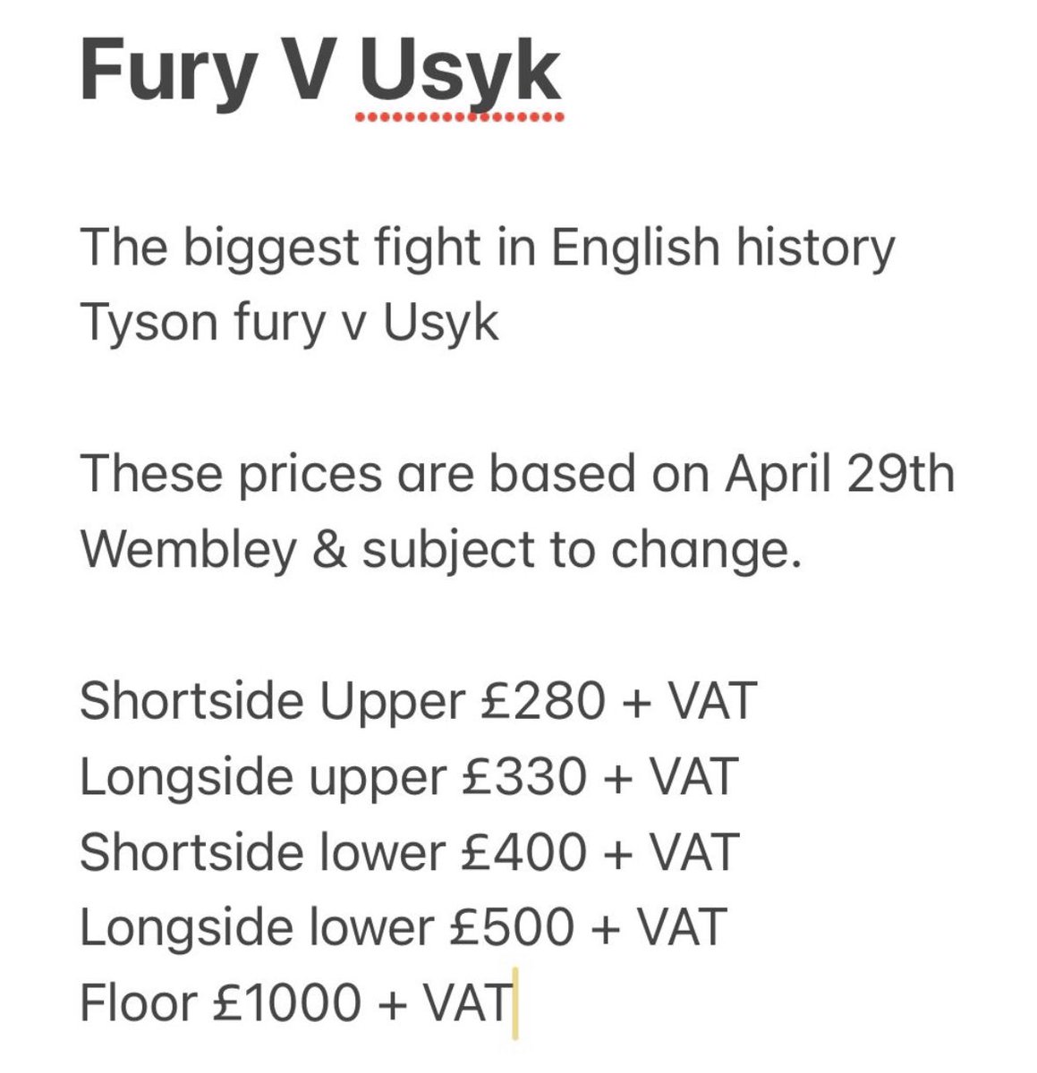 LiamyCullen's tweet photo. #FuryUsyk  If anyone is looking to grab their tickets early for this fight…you won’t find better prices than these and early bird…booked through a reputable hospitality company. Send me a message if interested or want details. #fury #Usyk #FuryUsyk https://t.co/zIyYaRis8y