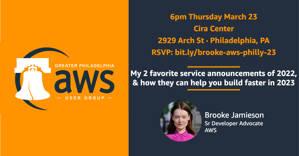 Philly! Come to my talk next week at the Greater Philadelphia AWS User Group 🔔 Secret hint: it's about Amazon #CodeWhisperer and Amazon #CodeCatalyst
RSVP here: bit.ly/brooke-aws-phi…
@AWSUserGroups @awsdevelopers @awscloud 
#AWS #DeveloperExperience #Philadelphia