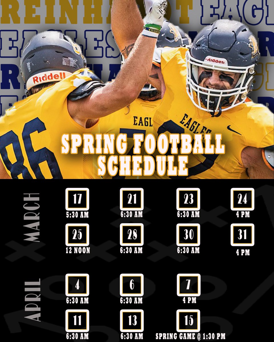 Spring practice dates and times are now released! Come check us out! #REINHARDTFOOTBALL #PTP #PAYTHEPRICE