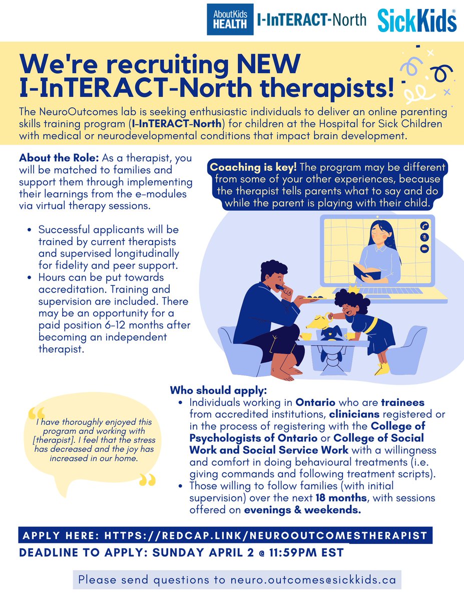NEW OPPORTUNITY: Join the #NeuroOutcomes team as a therapist for the I-InTERACT-North Program!

Apply now at: redcap.link/NeuroOutcomesT…  
Deadline: April 2 @ 11:59pm EST 

*This opportunity is only available to applicants in Ontario. Please refer to the 'Who Should Apply' section