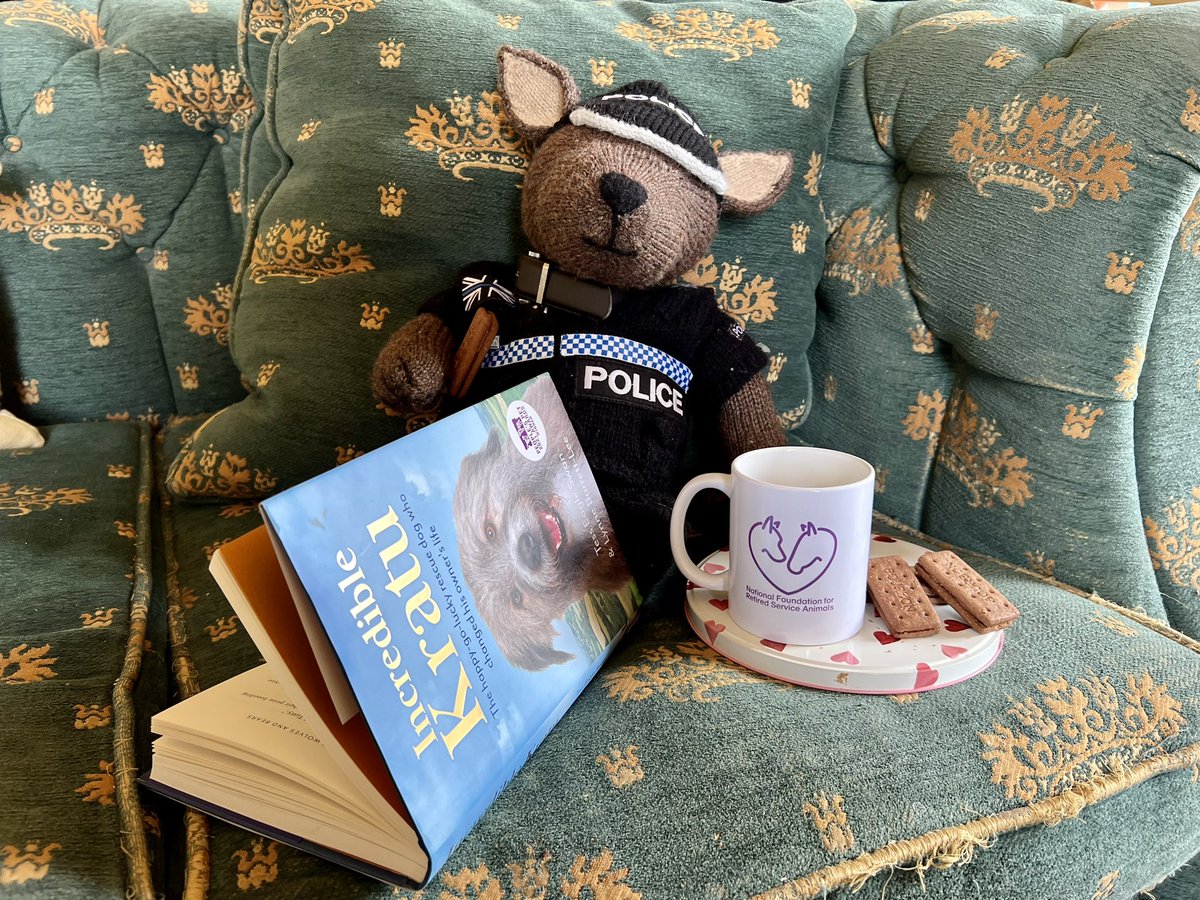 The_NFRSA's tweet photo. #PDKyle has settled nicely into his new home at #NFRSA HQ. 
To recover from his exciting day @crufts, & very long trip from @polscotdogs @K9Scottish - he spent an afternoon on the sofa with some bourbons, a cuppa in his new mug, & a copy of his favourite book about @IncredibleKratu #dogs #dogsoftwitter #DogsOnTwitter #charity #mascot #crufts