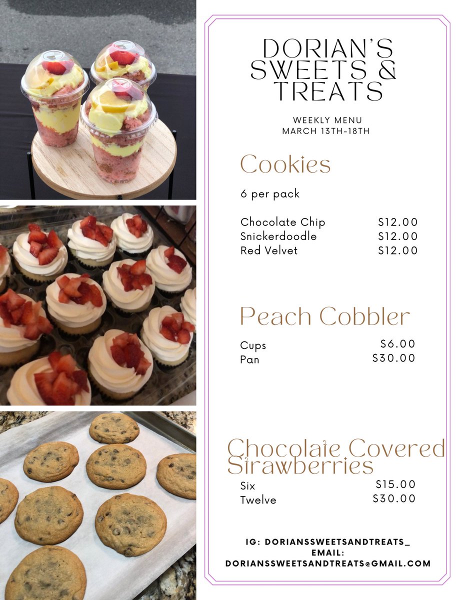 Here’s my dessert menu for the week! If you not in the DMV i do ship 🥰
#SUPPORTBLACKWOMEN