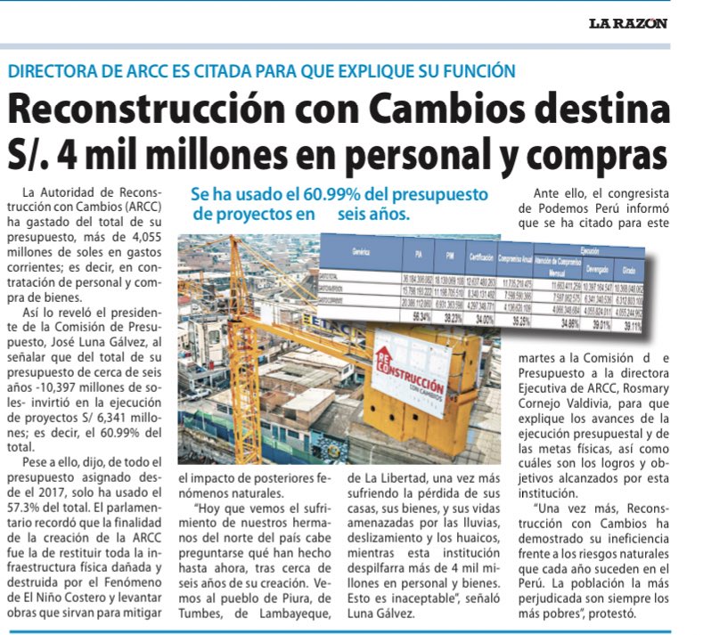 JOSELUNA_G's tweet photo. La Presidenta de la @AutoridadRCC deberá sustentar las razones para destinar desde el 2017 más de S/ 4 mil millones en planillas, bienes servicios, y justificar porqué invirtió, desde el 2017, solo el 57.3% del total del presupuesto asignado.
 
🧵 (2/3) https://t.co/vlfU10k3Cx