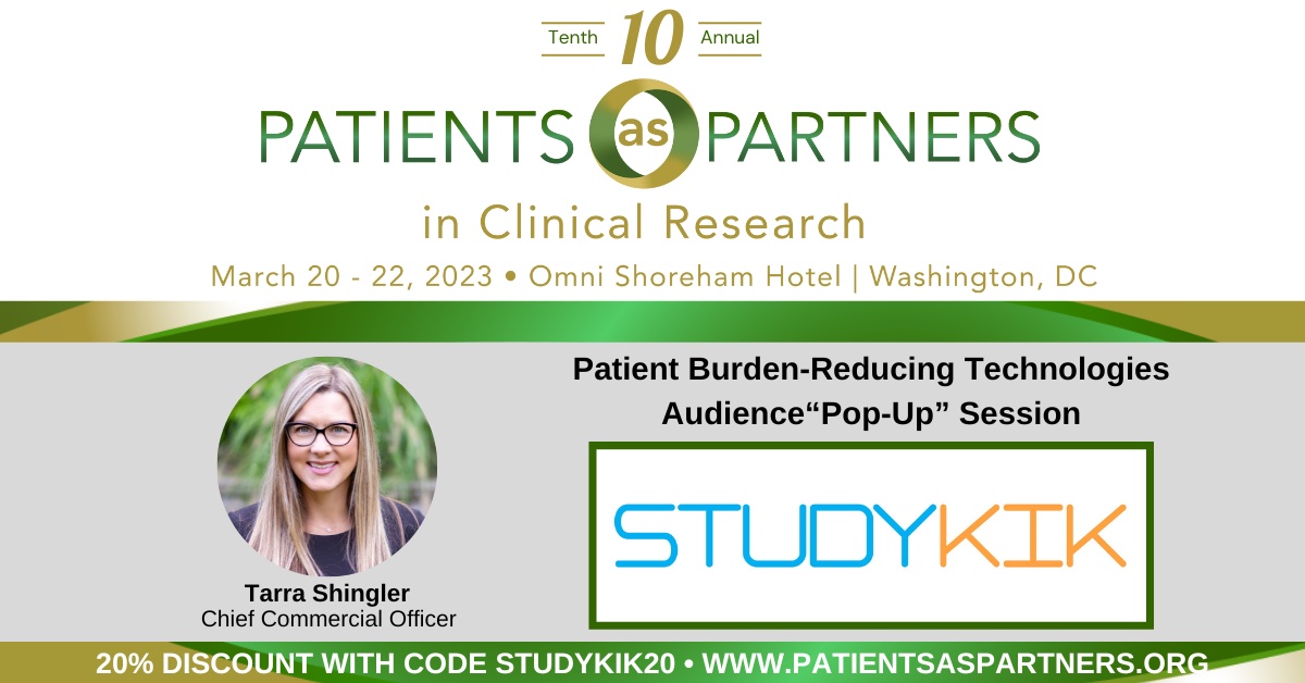 Mark your calendars for Patients as Partners next week and don't miss the opportunity to hear from Tarra Shingler, CCO at StudyKIK, as she shares insights on meaningful technologies that alleviate patient burden. #patientsaspartners #patientexperience #clinicaltrials