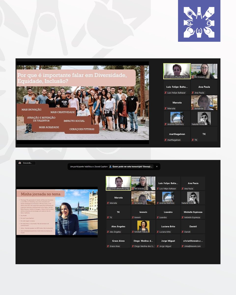 Hoje tivemos uma palestra esclarecedora e inspiradora com a Cecília Pinaffi sobre diversidade, com recorte nas mulheres. Suas ideias e conhecimentos compartilhados foram muito apreciados e certamente terão um impacto positivo no Grupo Knewin. Muito obrigado!