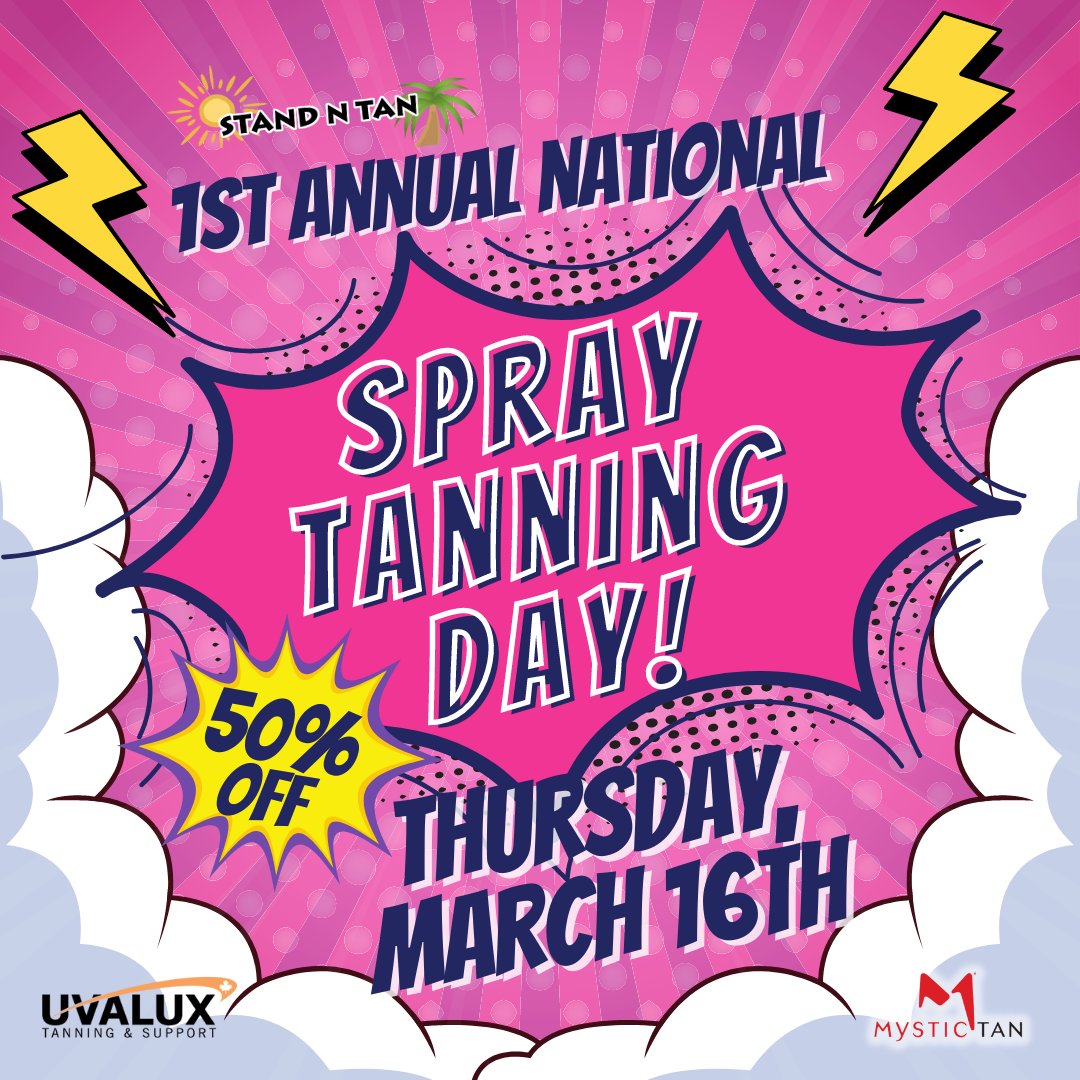StandnTan's tweet photo. Join us for the 1st annual National Spray Tanning Day on Thursday, March 16th! 🌞 We're offering 50% off our Mystic Tan spray tans ALL DAY LONG! 🥰 Call the salon at (519) 758-8887 😘

#NationalSprayTanningDay #Brantford #SprayTanDay #IndoorTanning #Btfd #Brant #BrantfordON https://t.co/vGWTVPqzeh