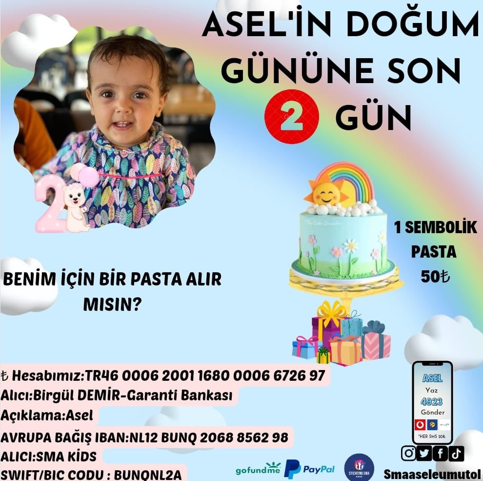Heyecanlıyız!

Asel'imizin yeni yaşı için Son 2 gün ☀️🎂

Yeni yaşında ona hediye olarak yaşama hakkını verelim mi ?

Sizlerden Asel için bağış beklıyoruz Haydi hedefe beraber ulaşalım 

Asel için bir sembolik pasta alır mısınız?
