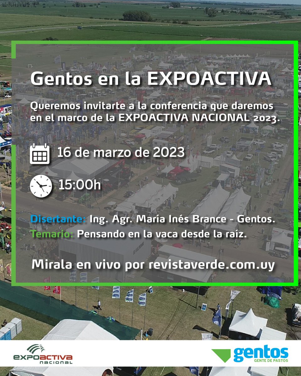 Mirando más allá de lo que nuestros ojos ven, vamos a charlar sobre la importancia de las raíces en nuestros sistemas 🌱🐄
Los esperamos! 
<a href="/GentosUy/">Gentos Uruguay</a> <a href="/GentosArg/">Gentos Argentina</a> <a href="/Expoactiva/">ExpoactivaNacional</a>