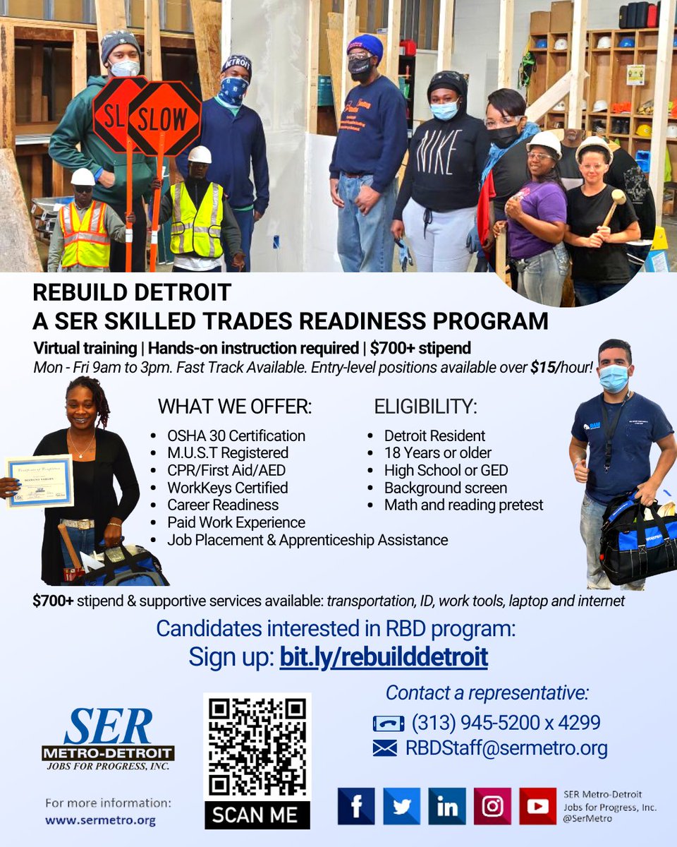 sermetro's tweet photo. CALLING ALL BUILDERS!! Happy Monday! Our next cohort is starting March 27th. Get your OSHA 30 Certification and get M.U.S.T Registered. Earn the certifications that employers want.
We are enrolling for Detroit residents 18+!
#rebuilddetroit #construction #osha30 https://t.co/spvguITKou