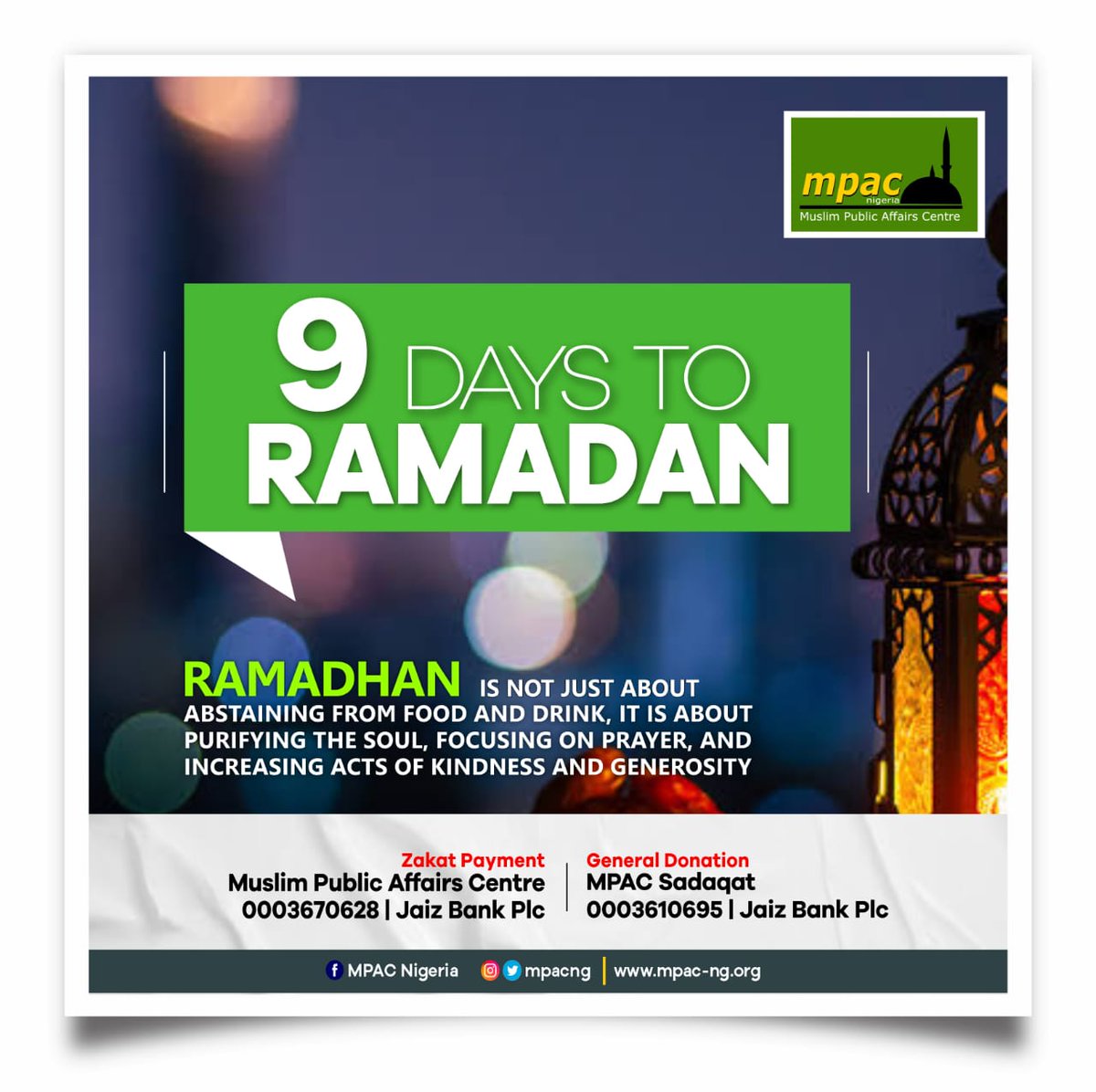 mpacng's tweet photo. 9 DAYS TO RAMADAN.                 

Ramadan is not just about abstaining from food and drink, it is about purifying the soul, focusing on prayer, and increasing acts of kindness and generosity.

 #ramadan #ramadhan #9daystoramadan #ramadan1444 https://t.co/QkCvo6ebKL