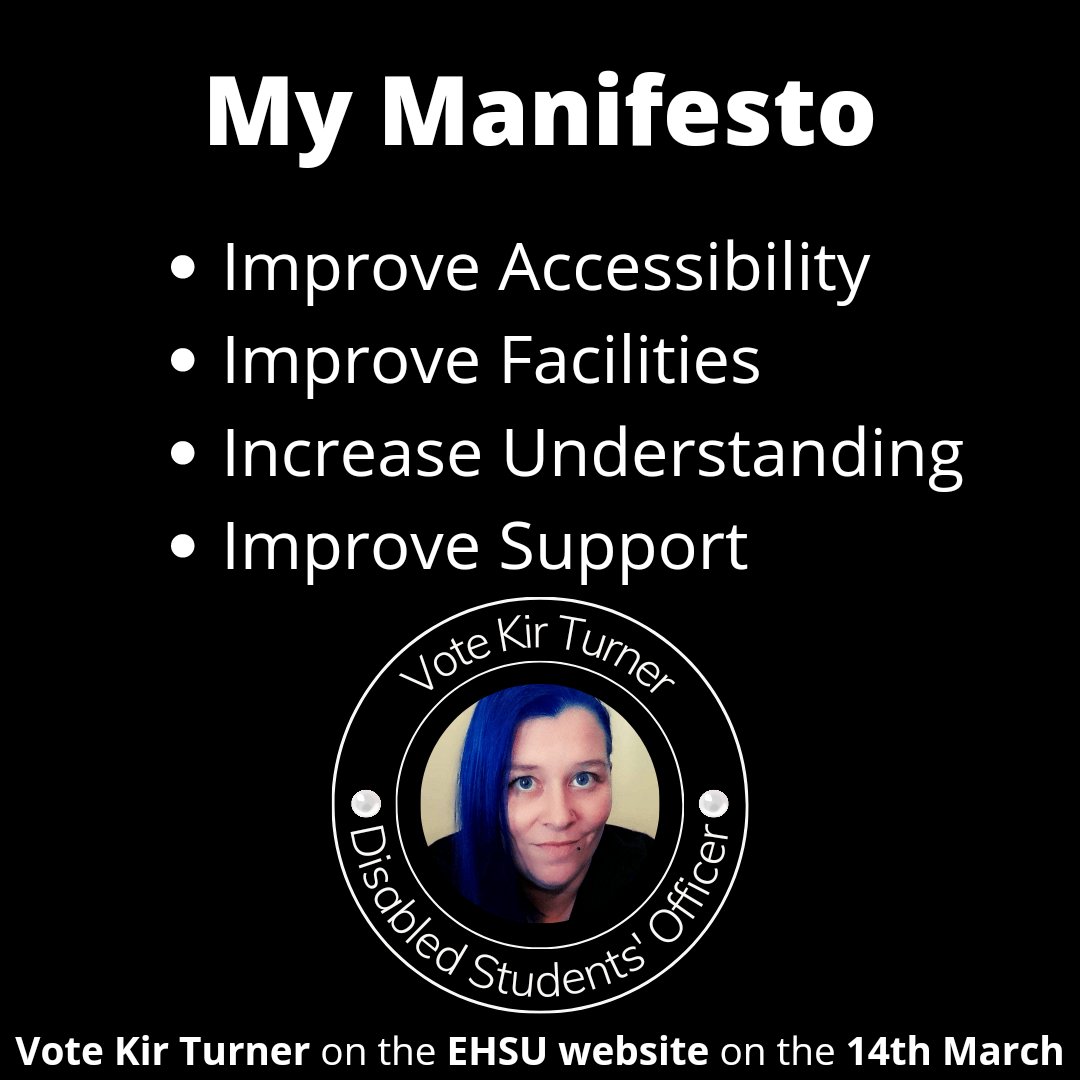 I've tried to highlight and demonstrate why #EdgeHillUniversity students should vote me as next years #DisabledStudentsOfficer
My manifesto ultimately comes down to two main themes - my aims for @edgehilluniversity and my aims for the #DisabledStudent community

 #VoteKirForDSO