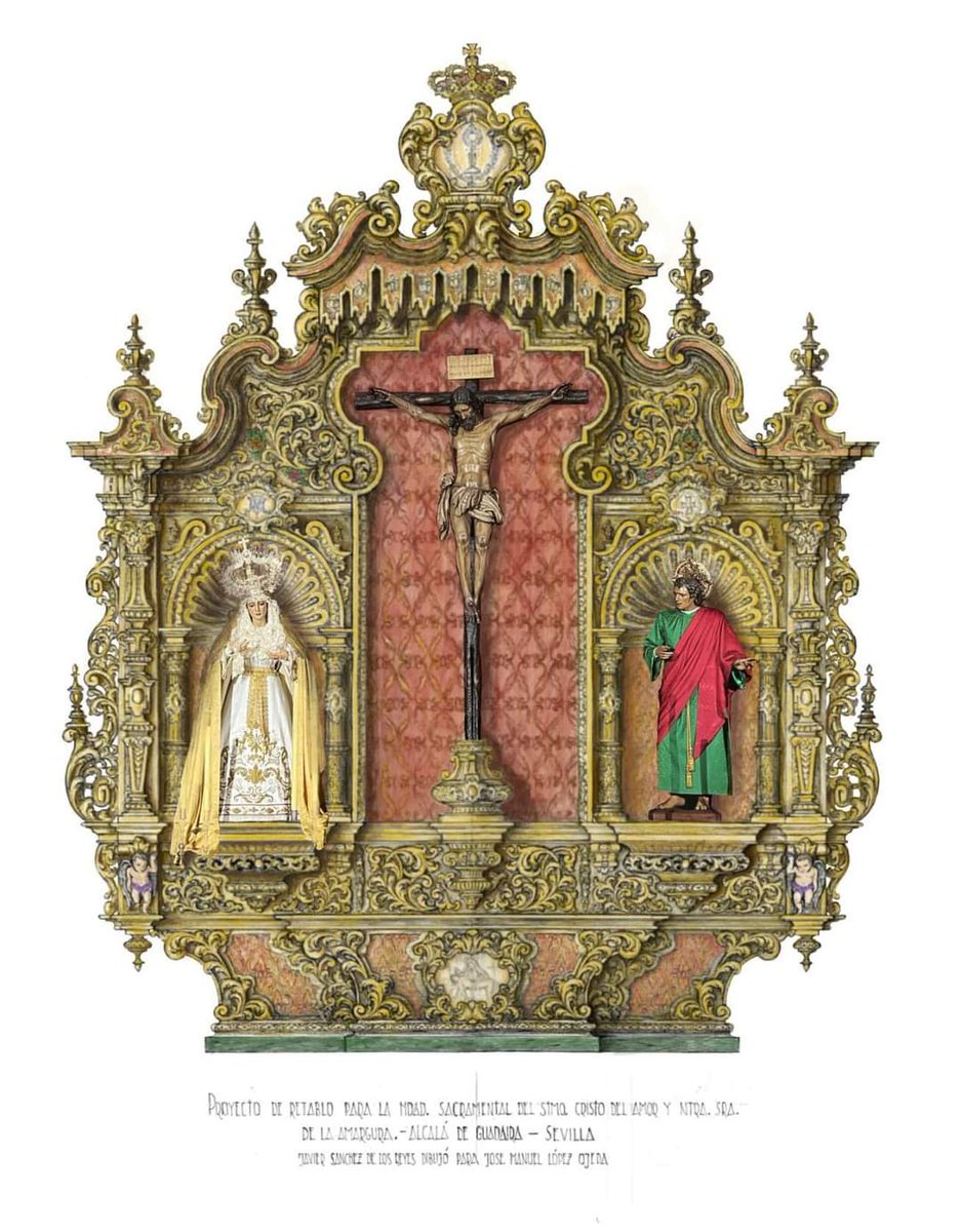 Proyecto de retablo para la Hdad. del Amor de Alcalá de Guadaira. Ocupa un testero mas ancho que alto, intentando estilizar y dar esbeltez mediante la línea piramidal, las perillas y el banco curvado hacia dentro. Será tallado por Jose Manuel Lopez y dorado por Abel Velarde.