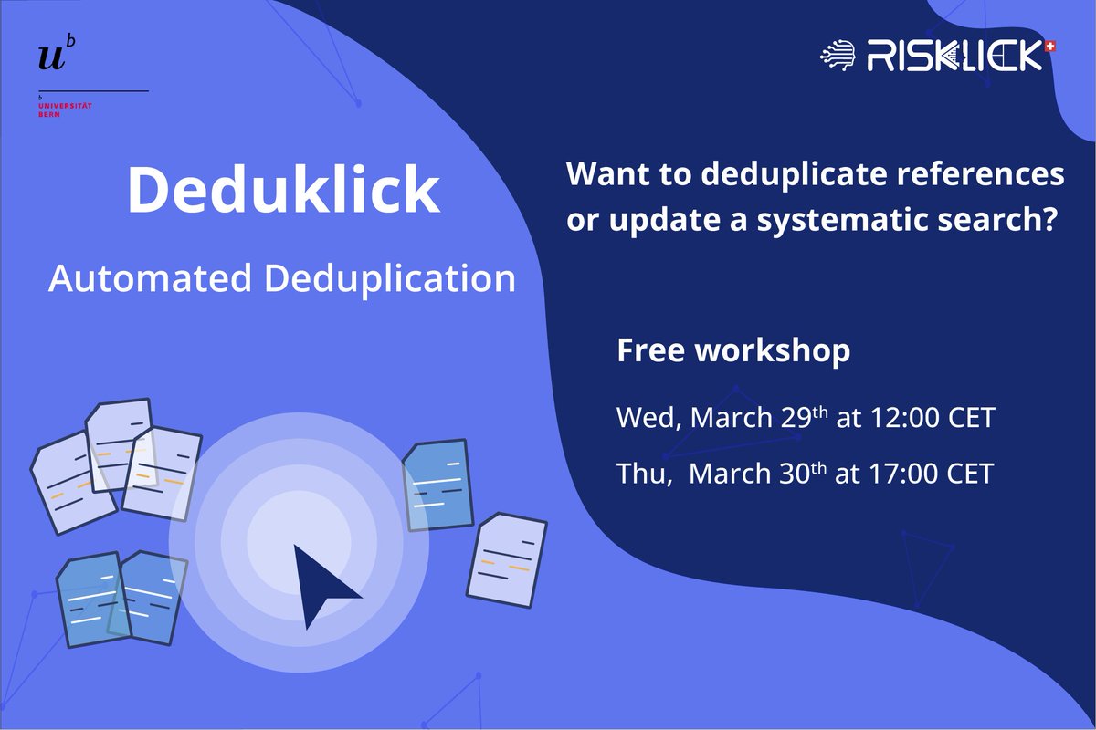 Deduklick (@deduklick) on Twitter photo Do you want to #deduplicate thousands/millions of #references for your #SystematicReview / #Database with a single click?
Join our free #workshop on automated #deduplication using #Deduklick. <a href="/sci_ub_unibe/">Science and Medical Libraries University of Bern</a> <a href="/unibern/">Universität Bern</a>
Register Here:
ub.unibe.ch/recherche/fach… Do you want to #deduplicate thousands/millions of #references for your #SystematicReview / #Database with a single click?
Join our free #workshop on automated #deduplication using #Deduklick. <a href="/sci_ub_unibe/">Science and Medical Libraries University of Bern</a> <a href="/unibern/">Universität Bern</a>
Register Here:
ub.unibe.ch/recherche/fach…