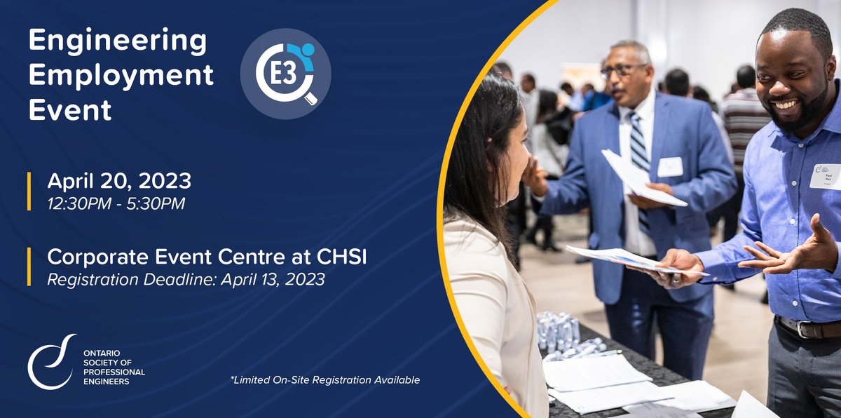 O_S_P_E's tweet photo. Are you in the market for a new job – or trying to get your foot in the door? OSPE’s Engineering Employment Event will connect you with recruiters from top companies.
Registration closes April 13. Sign up now: https://t.co/exzhURPUTI
#OSPEPROSPERS
#EngineersProsper https://t.co/4NLhaQKkiw