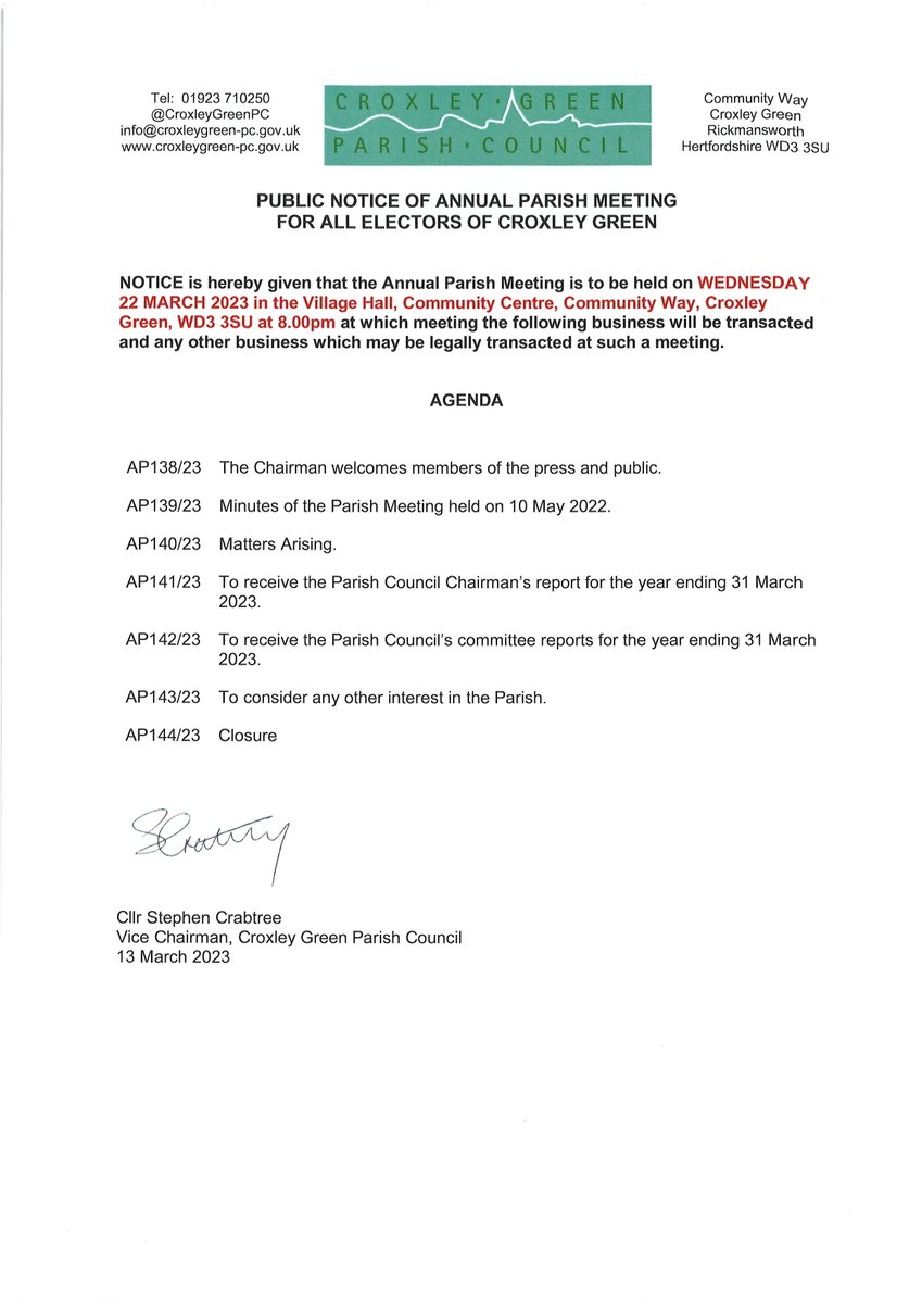 CroxleyGreenPC's tweet photo. Come along to the Croxley Green Annual Parish Meeting next Wednesday (22 March) @ Croxley Green Community Centre.

Find out what your Parish Council has been doing over the past year. https://t.co/du45nhL9dx