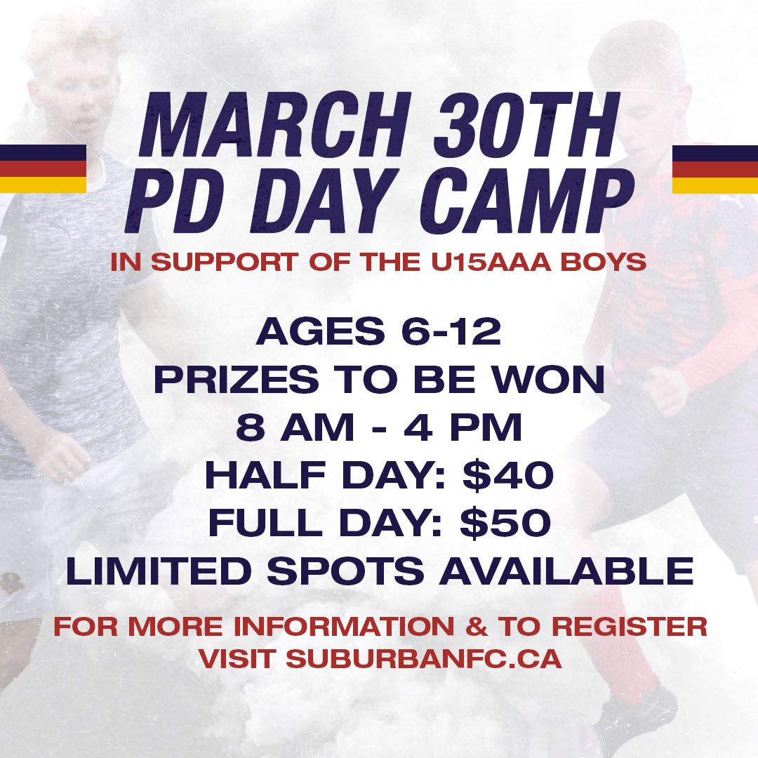 SuburbanFC's tweet photo. Registration is now open for our March 30th PD Day Camp! 

Register at https://t.co/noXmjAcv1b or call the Suburban FC office at 902-832-6824 https://t.co/qLxHU5nH94