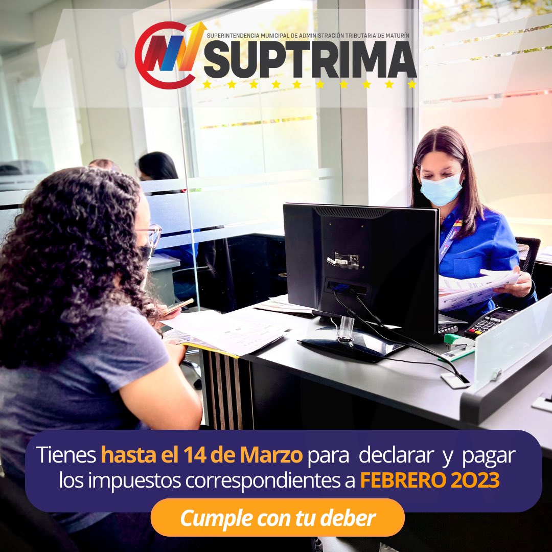 Suptrima's tweet photo. ¡Atención Contribuyente! 

Este martes 14 de marzo vence el plazo para declarar y pagar los impuestos por concepto de actividades económicas correspondientes al mes de Febrero.

Ingresa a nuestro sistema https://t.co/IKElrpShyJ y realiza éste trámite de manera rápida y segura. https://t.co/n4C3jXLBel