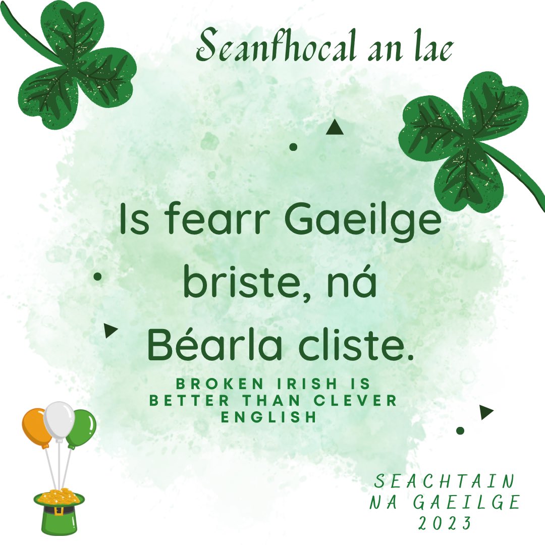 ☘️We are kicking off Seachtain na Gaeilge 2023 in the centre today! Each day for the next week we will be posting Irish Proverbs also known as 'Seanfhocal an Lae'.

Stay tuned to see if you already know some of them! 

#seachtainnagaeilge2023 #snag2023 

@TipperaryETB @ThisisFet