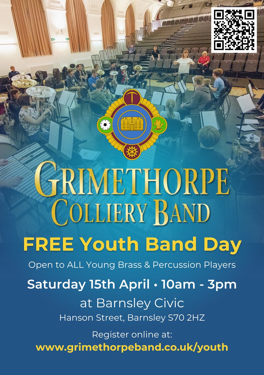 GrimethorpeBand's tweet photo. 📣 FREE YOUTH BAND DAY

We are offering the chance for young Brass and Percussion players of almost all levels and experience to take part in a FREE Workshop with members of the band on Saturday 15th April at Barnsley Civic.

ℹ️ Register now:
https://t.co/j8RH6VYpQJ https://t.co/VVe8CUejeo