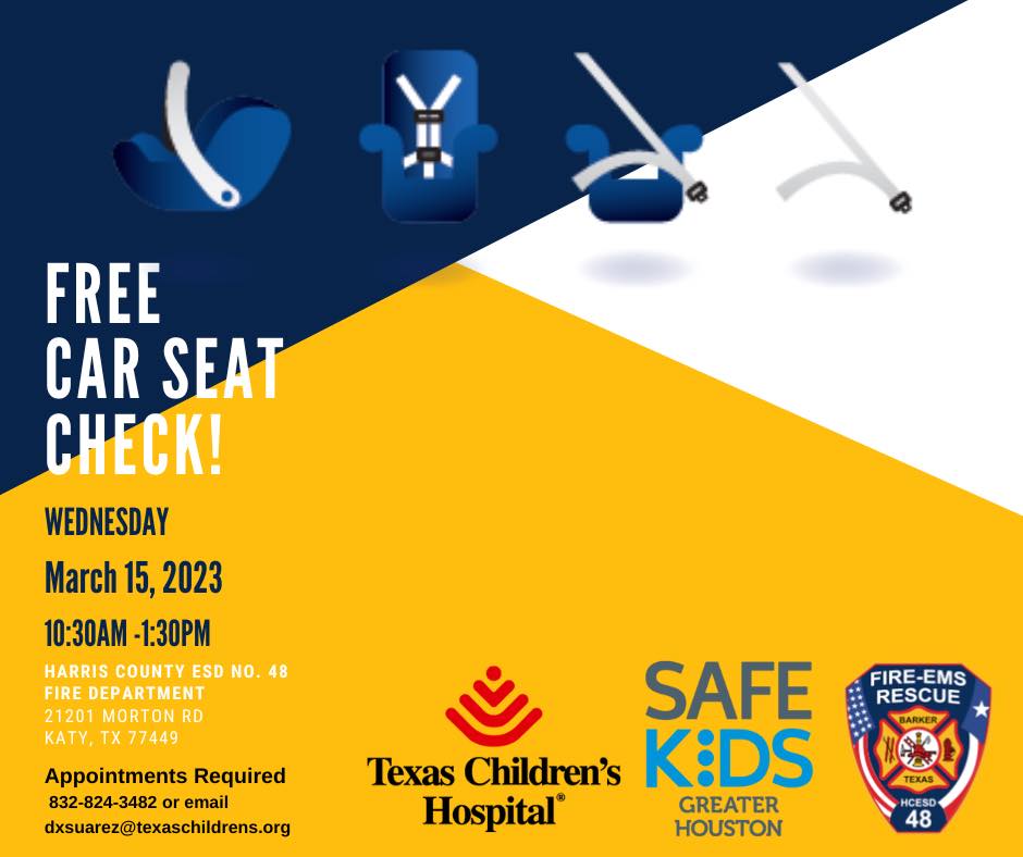 HCESD48's tweet photo. Appointments are still available for our monthly FREE Car Seat Check this Wednesday, March 15th from 10:30-1:30. To request a car seat check, please call 832-824-3482 or email dxsuarez@texaschildrens.org. https://t.co/4Pc4jUra5f