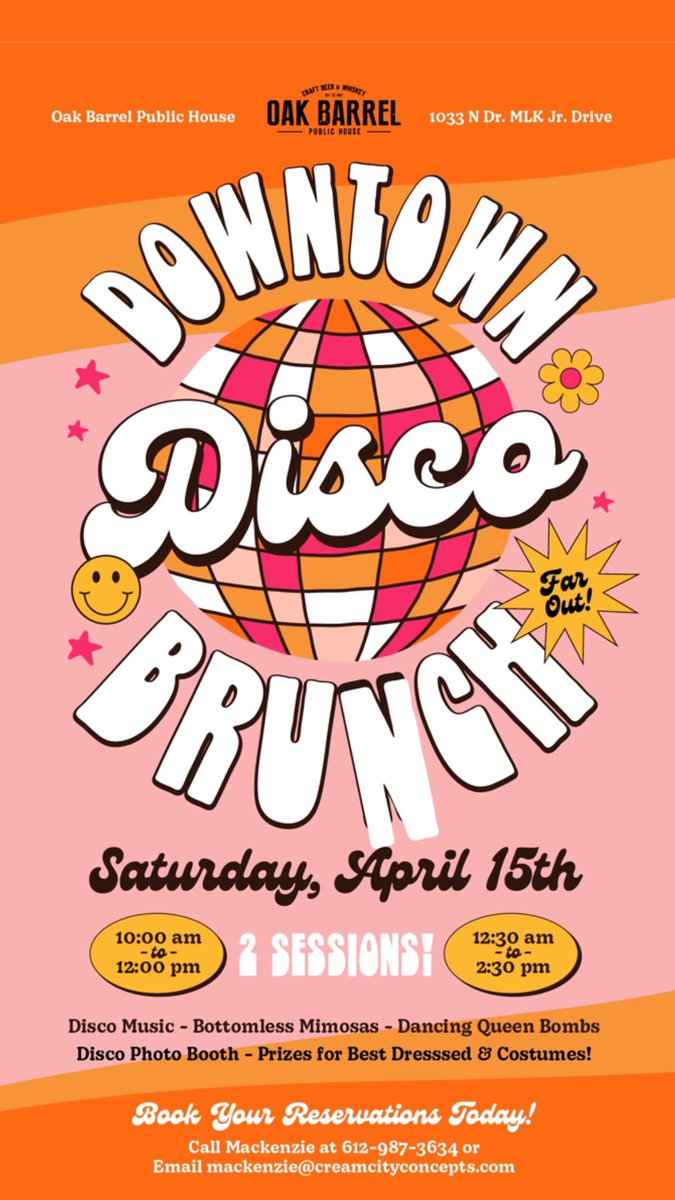 Calling all Disco Queens 🪩

We’re hosting a Disco Brunch 💃🕺🏻
April 15th at Oak Barrel Public House 

- BOTTOMLESS MIMOSAS 
- DISCO DRINKS
- DISCO EATS
- DISCO TUNES 🎶 SPINNING ALL BRUNCH LONG

Don’t forget to dress to impress.
Call or email to book your seating today!