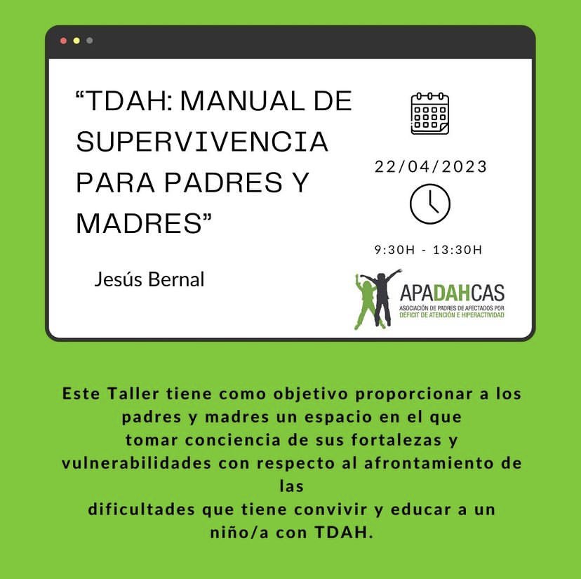 apadahcas's tweet photo. 2️⃣2️⃣📍TDAH: MANUAL DE SUPERVIVENCIA PARA PADRES Y MADRES
Se trata de un Taller vivencial, nada teórico. Una oportunidad de hacer un trabajo personal con tranquilidad y tiempo suficientes para reconciliarse con un@ mism@ y con su hijo/a.
Inscripciones en asociacion@apadahcas.org https://t.co/IzyfhWBo2h