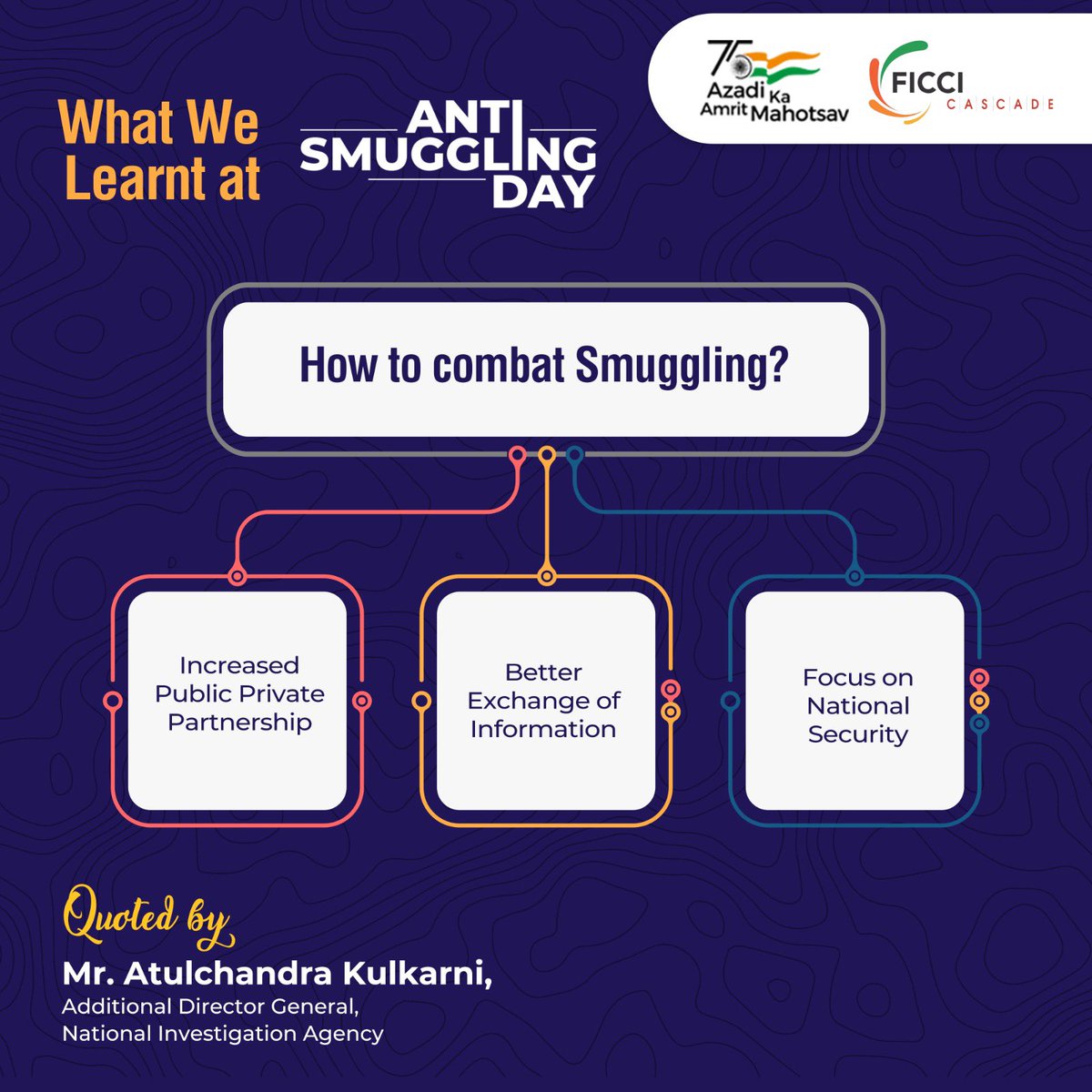 Cascadeglobal's tweet photo. Smuggling is a serious threat to the national security that requires collaborative efforts and a multi-pronged approach. 

Here’s #WhatWeLearnt @ #AntiSmugglingDay 2023 from Mr. Atulchandra Kulkarni, Additional Director General, National Investigation Agency. @NIA_India https://t.co/lOrkGdbTKO