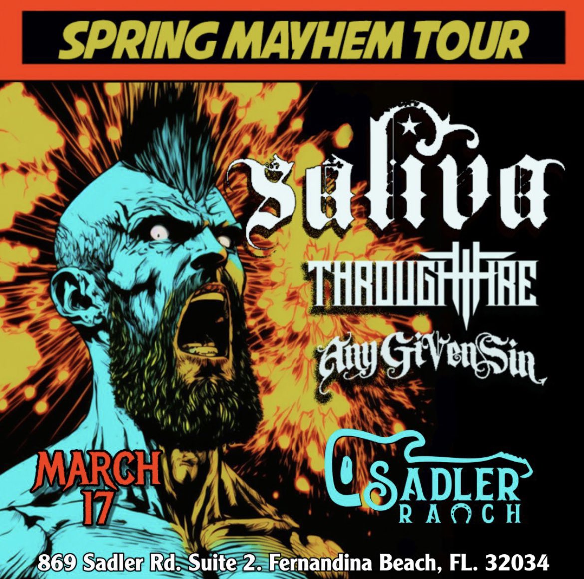 anygivensinband's tweet photo. This Friday .....
We are stoked to kick it off with Saliva and Through Fire at 
SADLER RANCH in Fernandina, FL 
Tickets: https://t.co/848p038ok0

#AnyGivenSin #Spring #Mayhem #Tour #Saliva #ThroughFire #Live #Rock #Metal #Florida https://t.co/hUO7rrBo7i