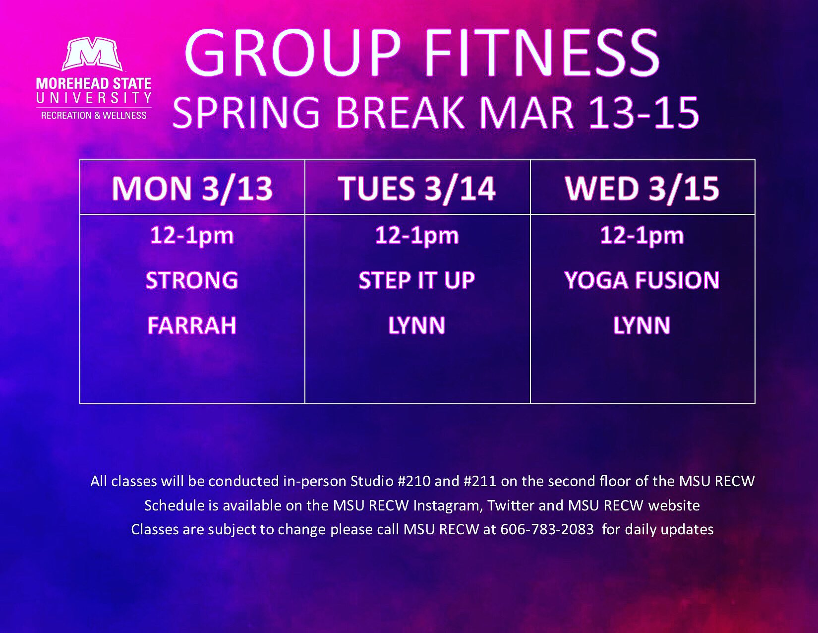 Rec & Wellness Cntr on X: Our group fitness schedule for Spring Break. Our  regular schedule will return on March 20th. Hope to see you in class!!   / X