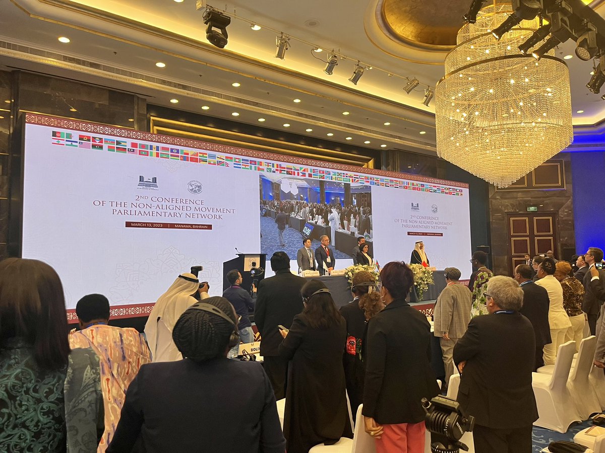 Delegations attending #Manama Conference of the Non-Aligned Movement Parliamentary Network observe a minute of silence in tribute to the memory of those who lost their lives at devastating earthquakes in Türkiye and Syria #NAMPN2023 #ManamaConference
