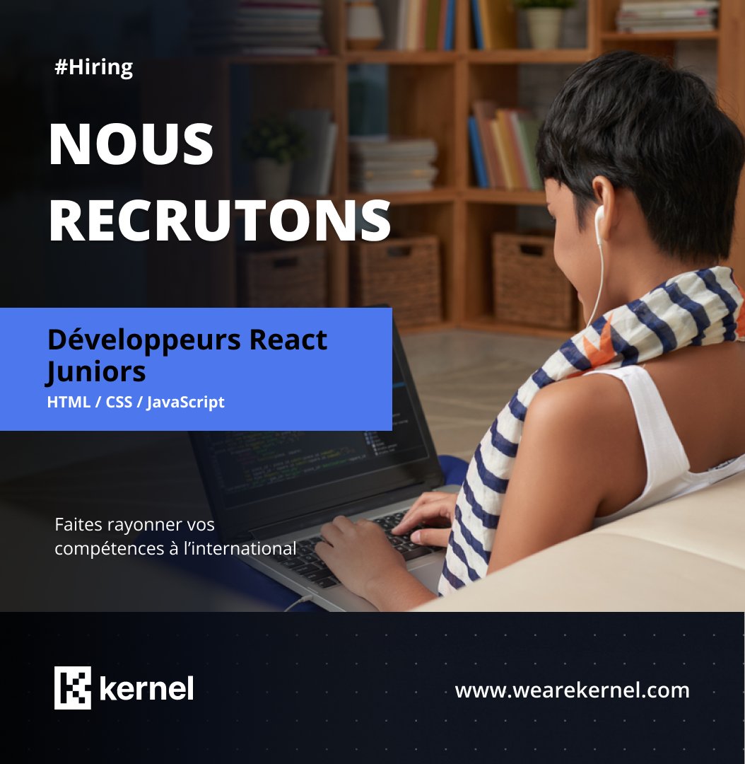 wearekernel_off's tweet photo. #Recrutement
Nous recherchons des développeurs #React Juniors passionnés, pour une entreprise partenaire, dynamique et innovante qui travaille sur des projets passionnants dans le secteur bancaire.

Candidatez ici : https://t.co/fSgHoZ8B8D

#kernel #Emploi #Senegal #SN #TT221 #RT https://t.co/Mc2RWwvIQd