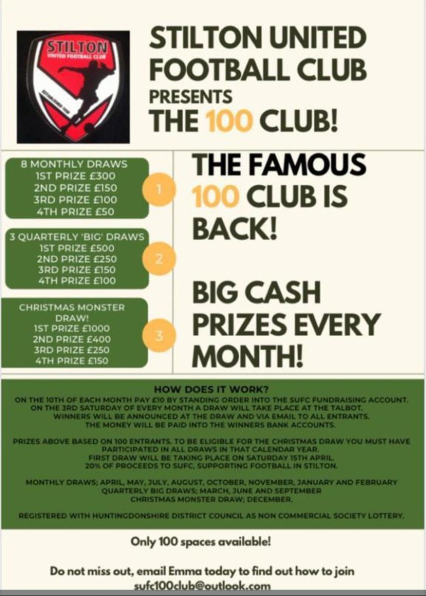 SUFC launcing the 100 Club, All welcome to join, prize draw monthly, quarterly, and the xmas monster, thank you all for the continued support of SUFC football club over the years