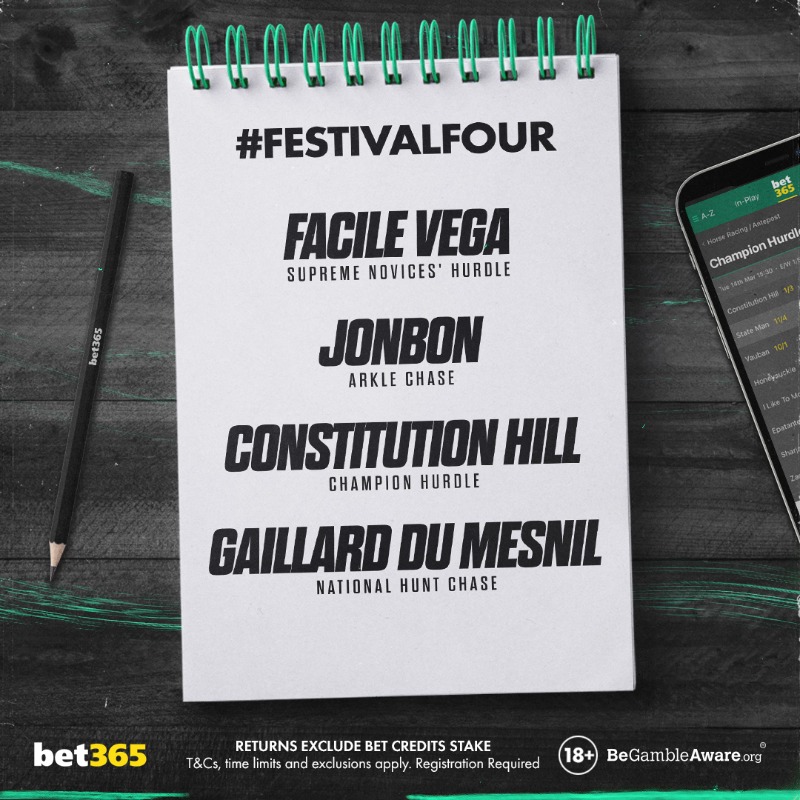 bet365's tweet photo. How many of the below horses will win on day one of the Cheltenham Festival?

£50 Bet Credits to be won.

Include #FestivalFour in your entry.

Entrants must have a fully verified bet365 account in order to claim a prize.