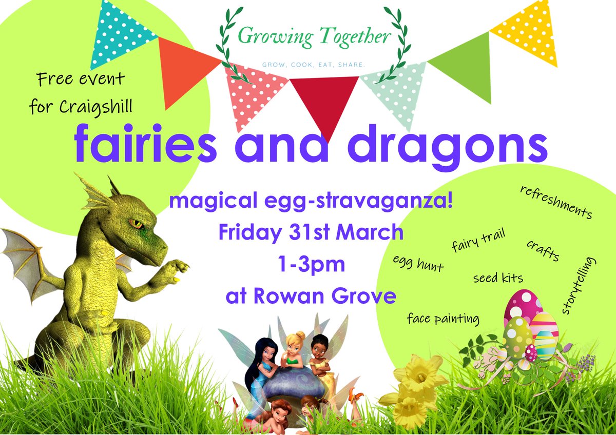 AlmondHousing's tweet photo. There’s a magical egg-stravaganza happening at Rowan Grove Community Garden on Friday 31st March from 1pm-3pm. Drop in for storytelling, an egg hunt, face painting, seed kits and a special visit from Teal the dragon!

#GrowingTogether #Craigshill https://t.co/r4jsEukjsT