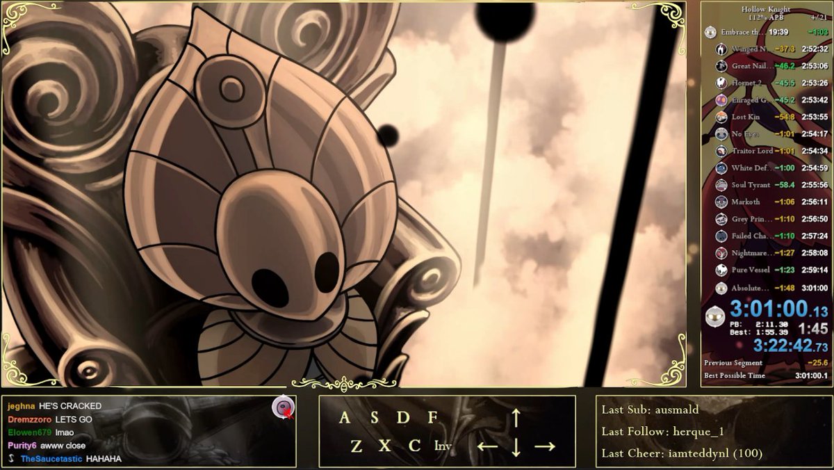 Three days. Three consecutive world records.
3:01:00.
There will never be a Hollow Knight speedrunner quite like MonStahLer.